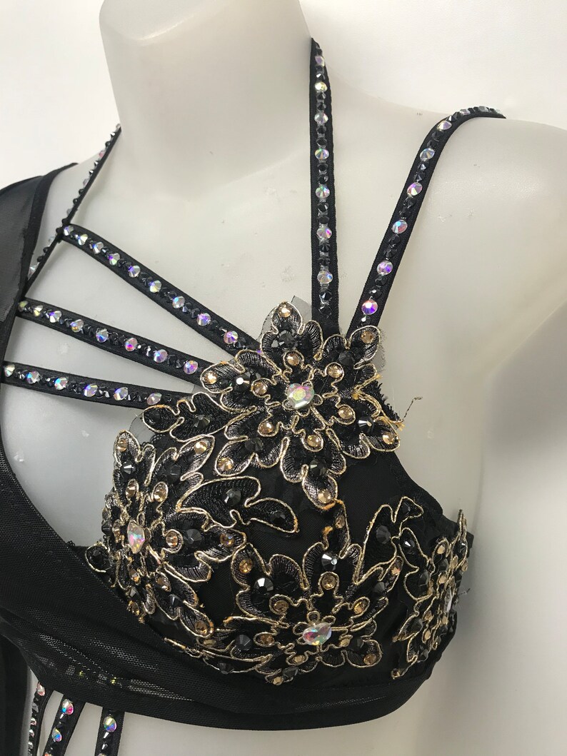 Black Jazz Costume. Strappy Jazz Dance Costume. Black and Gold Jazz Solo. Jazz Solo Costume