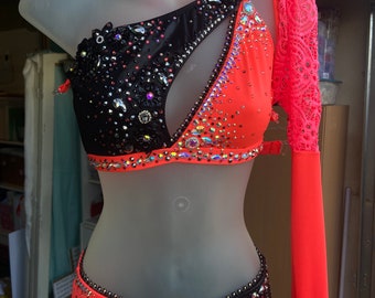 Amazing Jazz Solo Costume. Girls jazz dance costume. Custom jazz costume. Black and Bright Coral jazz Costume. Ladies dance Costume.