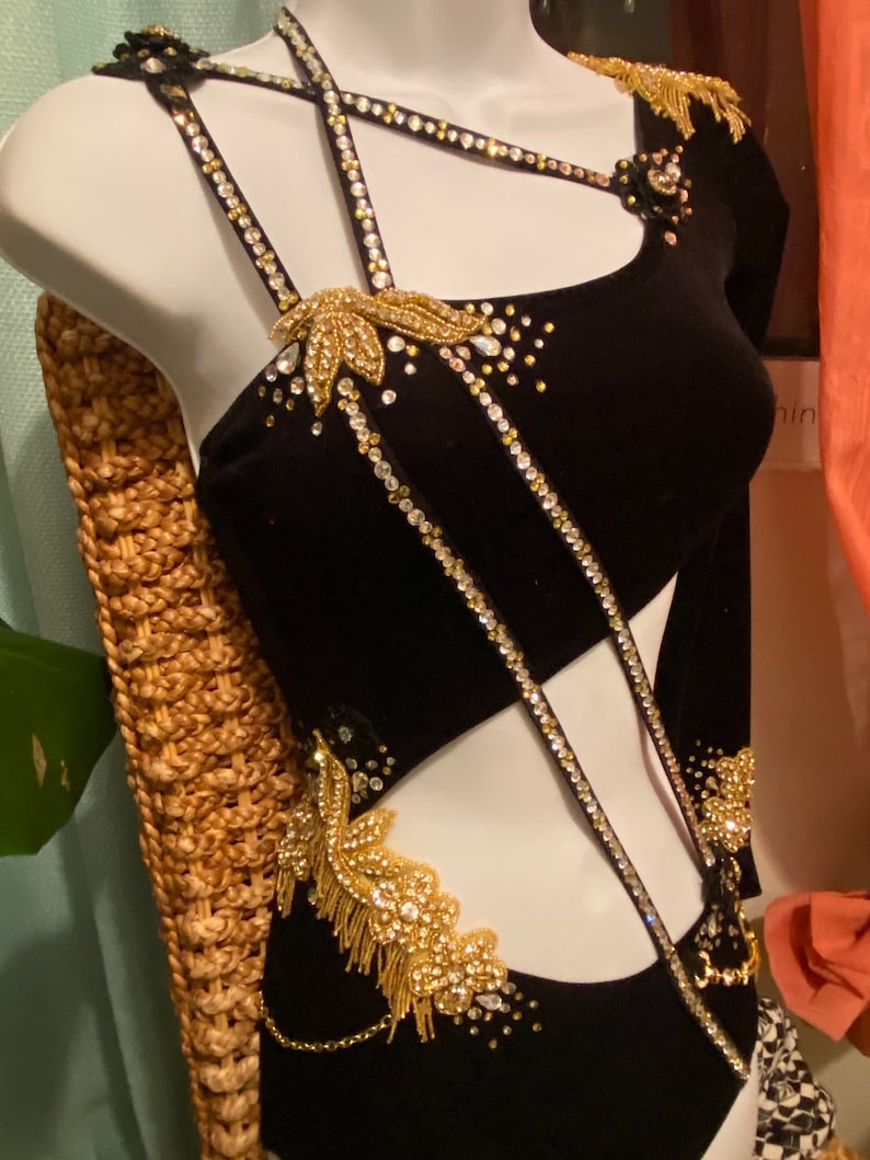 Black Jazz Solo Costume. Black and Gold Jazz Dance Costume. Custom Jazz Solo Costume. Girls
