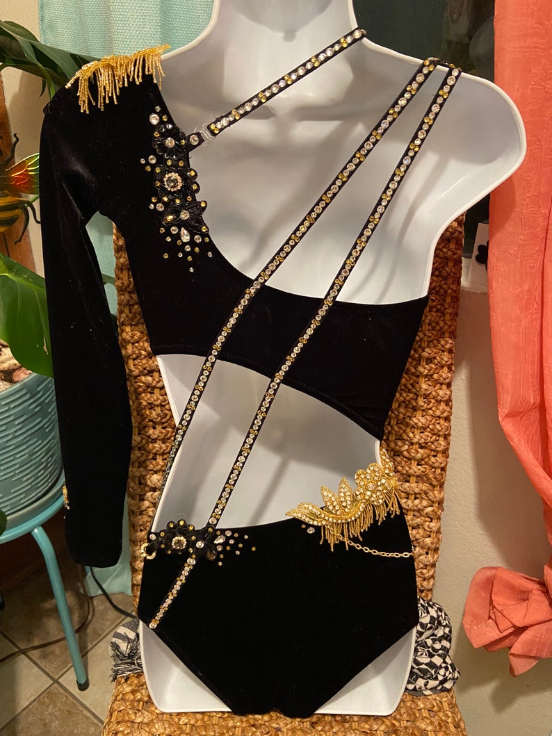 Black Jazz Solo Costume. Black and Gold Jazz Dance Costume. Custom Jazz Solo Costume. Girls