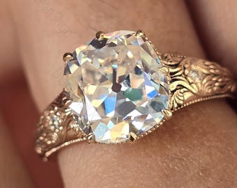 Old Mine Cushion Cut Engagement Ring • Vintage Antique Style Bridal Ring • Unique Moissanite Cushion Solitaire • Gold Engagement Jewelry