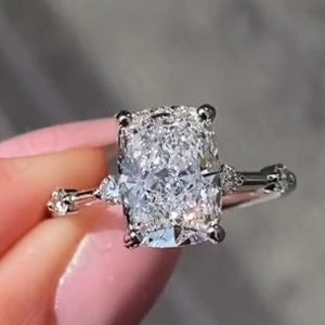 3ct Moissanite Engagement Ring, Cushion Cut 14Kt White Gold Hidden halo Wedding Ring, Two Spaced Diamond Band Ring Best Selling Promise Ring