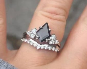 Kite Cut Black Moissanite Diamond Ring Set Silver Moissanite Ring Set Kite Cut Black Moissanite Engagement Ring Promise Ring  Gift For Her