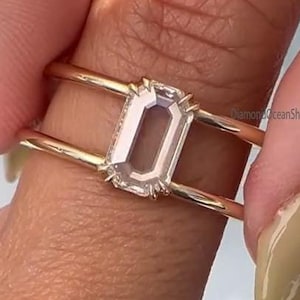 0.75 Ct Rectangular Portrait Cut Moissanite Ring, Hidden halo 4 Double Claw Prong Setting Eangagement Ring,14k Low Profile Double Shank Ring