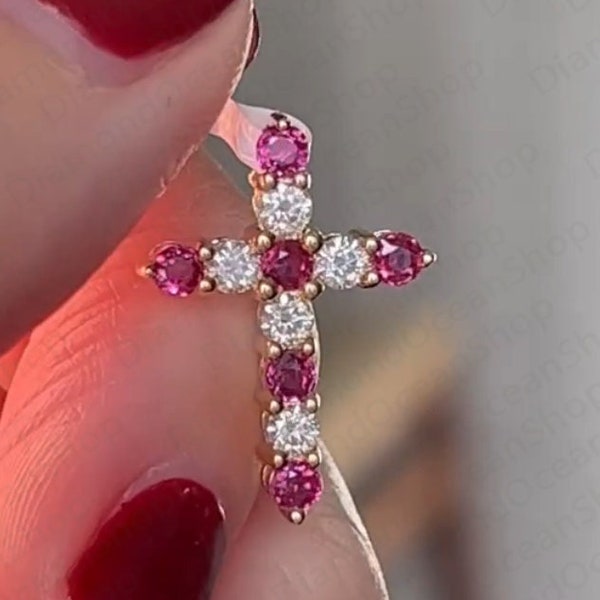 Lab created Ruby and Moissanite Cross, Gold Ruby Cross, Gemstone Cross, Religious Jewelry, Layering Pendant, Bridal Jewelry, Gifts for Her