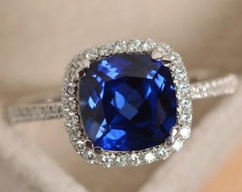 Saphir Ring, Verlobungsring in Kissenschliff, Weißgold, Halo Ring, September Geburtsstein, Geschenke für Frauen, Edelstein Ring, Edelstein