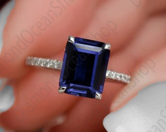 Saphir Verlobungsring Weißgold, Smaragdschliff blauer Edelstein Ring, Geschenk für Mutter, September Geburtsstein, Versprechensring, Schmuck, Ringe
