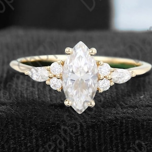 Marquise moissanite engagement ring Vintage Yellow gold engagement ring Cluster engagement ring Art Deco ring Bridal ring Anniversary ring