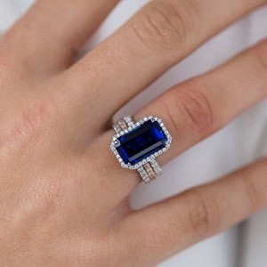 Sapphire engagement white gold ring ,Emerald cut Lab created blue sapphire ring, September birthstone, promise ring, gemstone jewelry, rings