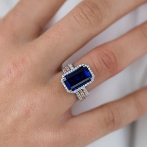 Sapphire engagement white gold ring ,Emerald cut Lab created blue sapphire ring, September birthstone, promise ring, gemstone jewelry, rings