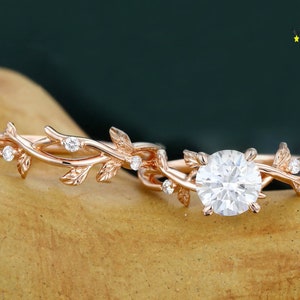 Moissanite engagement ring set Unique art deco Twig Rose Gold engagement ring vintage leaf diamond wedding Bridal Anniversary gift for women