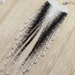 Long Beaded Fringe Earrings, White and Black Angel Wing Shoulder Length