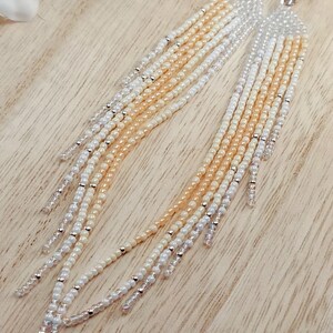 Long Beaded Fringe Earrings, Apricot and White Angel Wing Shoulder Length