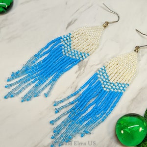 Long Fringe Earrings, Hypoallergenic, Blue and White