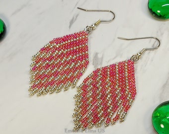 Short Fringe Earrings, Hypoallergenic, Pink and Silver