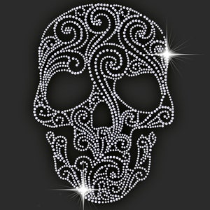 May include: A skull design made of sparkling rhinestones, with intricate swirls and details. The skull is set against a black background.