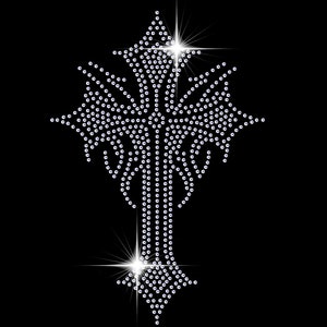 May include: A silver cross design made of rhinestones on a black background.