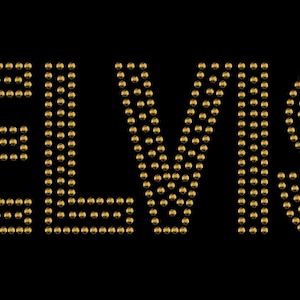May include: The word "ELVIS" is formed from gold-coloured, spherical studs on a black backdrop. The studs are arranged to spell out the name in a clear, bold font. The design has a glamorous, retro feel.