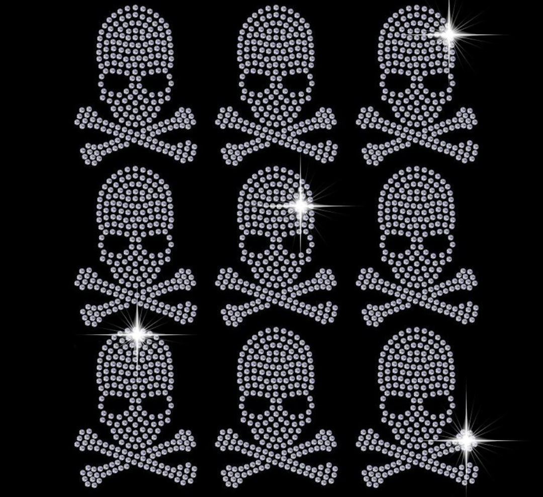 9 X Skulls Sparkling Diamonte Rhinestone Iron on Ready-made Transfer ...