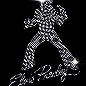 May include: A black and white image of Elvis Presley's silhouette made of rhinestones. The image is on a black background. The text "Elvis Presley" is written in rhinestones below the silhouette.