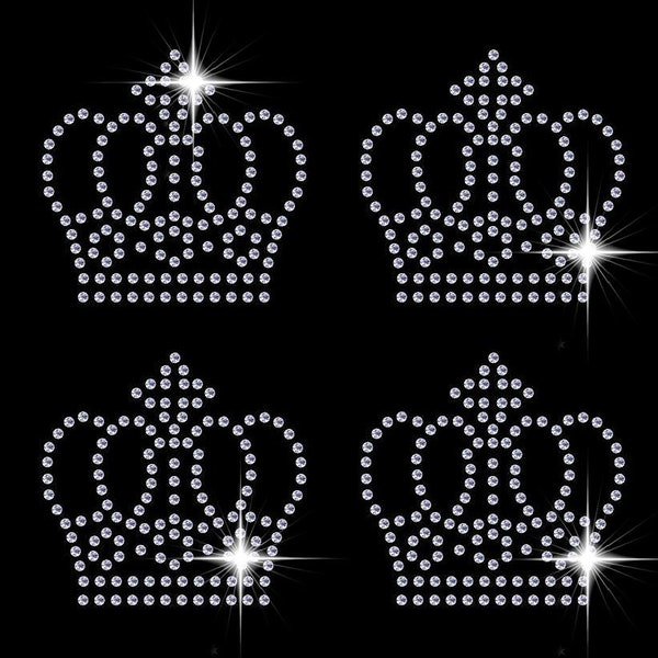 4 x Crowns Princess Queen Hearts Sparkling Diamonte Rhinestone Iron on Ready-Made Transfer Motif