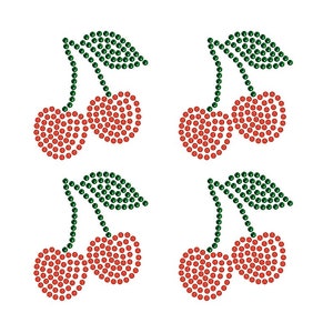 May include: Four pairs of red cherries with green leaves, each pair is made of rhinestones, ideal for crafting or decorating.