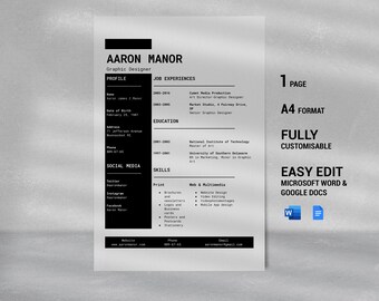May include: A black and white resume template with the name Aaron Manor and the title Graphic Designer. The resume includes sections for profile, job experiences, education, social media, and skills. The template is designed to be fully customizable and easy to edit in Microsoft Word and Google Docs. The template is formatted for A4 paper size.