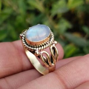 Oval Moonstone Brass Ring, Rope-Edge Scroll Design, Minimalist Everyday Elegance