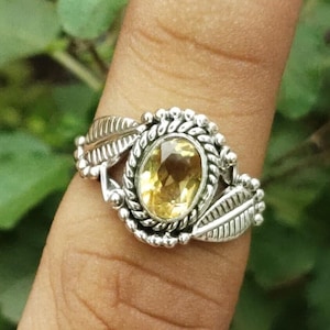 Dainty Citrine Ring: Handmade Sterling Silver Leaf Band