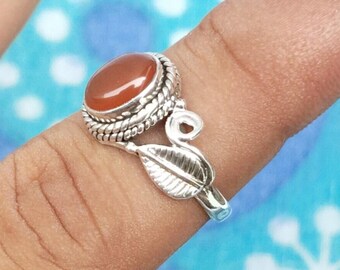 Red Carnelian Sterling Silver Ring: Leaf Band 925 Silver Handmade Gemstone