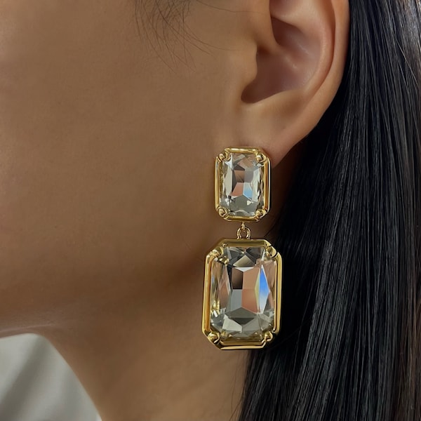 18K Gold Filled Rectangle Crystal Dangle Earrings | Minimal Chunky Gold Earring Jewelry | Bridal Wedding Drop Jewelry | Mob Wife Aesthetic