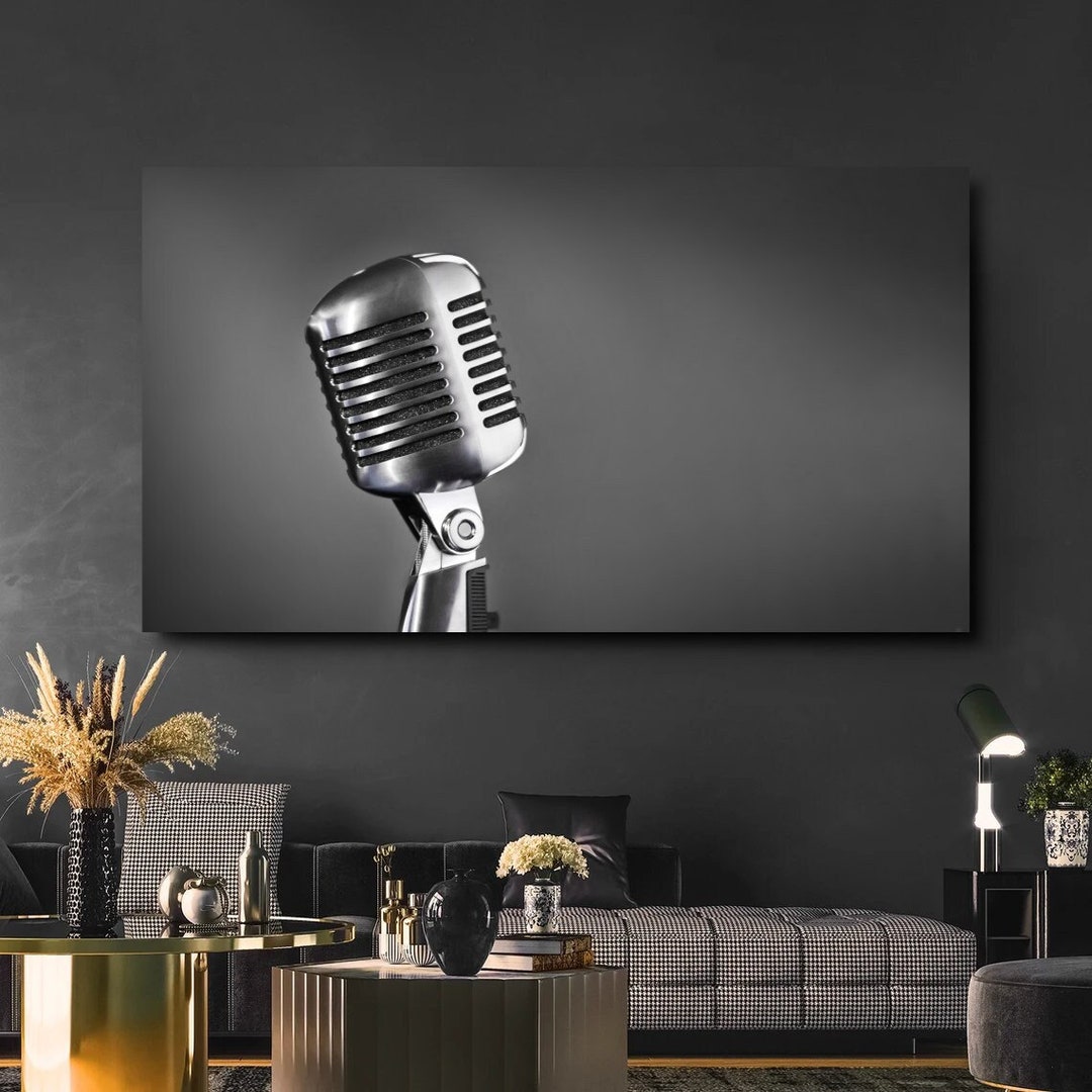 Retro Microphone Canvas Wall Decor Black and White Music Art Etsy
