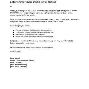 Könnte beinhalten: Ein weißes Dokument mit schwarzem Text mit dem Titel „Beziehungsorientierte E-Mail (Ideal für Makler)“. Das Dokument enthält eine Begrüßung, eine Beschreibung der Dienstleistungen und einen Handlungsaufruf. Es listet Vorteile wie flexible Planung auf.