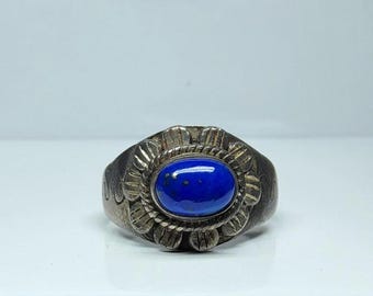 Vintage sterling silver 925 ss floral ring with high quality blue lapis oval cabochon tapered band ring