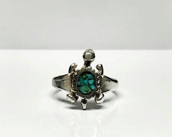 Vintage sterling silver 925 ss turtle ring with turquoise chip inlay