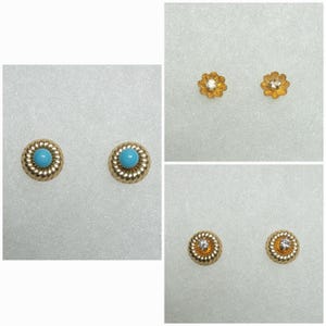 Vintage solid 14k 585 yellow gold - 3 pairs floral stud earrings(diamond, etc) with earring jackets enhancers and backings