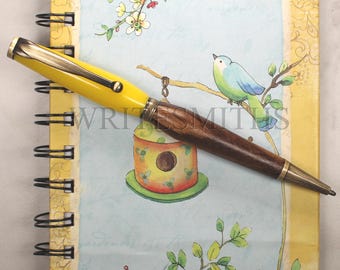 Handmade Rosewood Twist Pen: Yellow Acrylic, Antique Bronze
