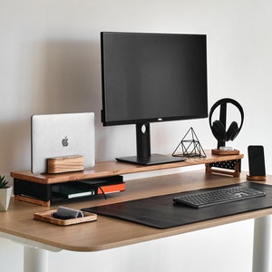 Adjustable Wood Monitor Stand Riser with Metal Shelves | Ergonomic Desk Stand for Computer Office | Ideal Programmer Gift Work Organizer @EU