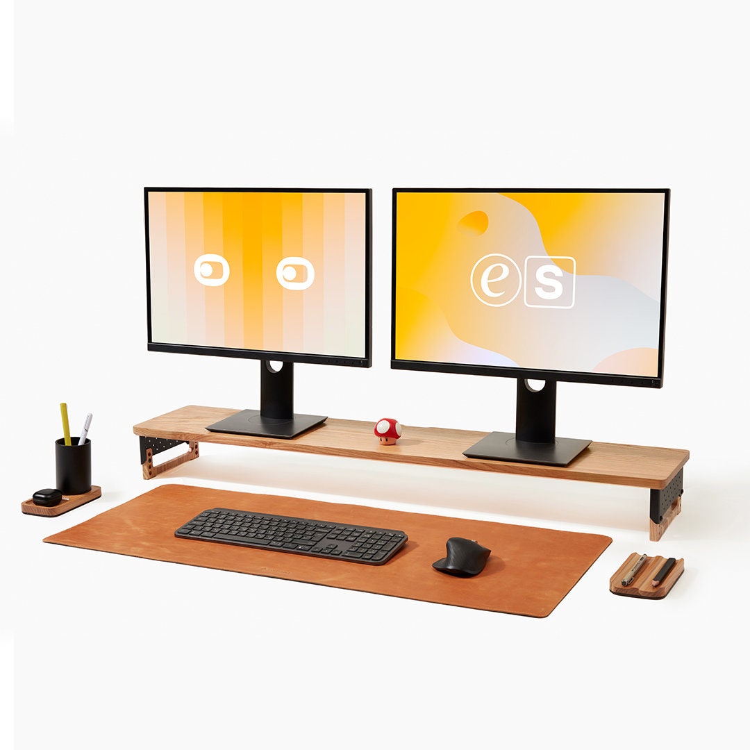 Wood Dual Monitor Stand for Desk, Wooden Monitor Riser, Wood Desk Organizer, Work From Home