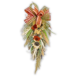 Fall sunflower swag for front door, rustic fall wreath, sunflower harvest decor, twig broom decor for fall, fall raffia decoration,