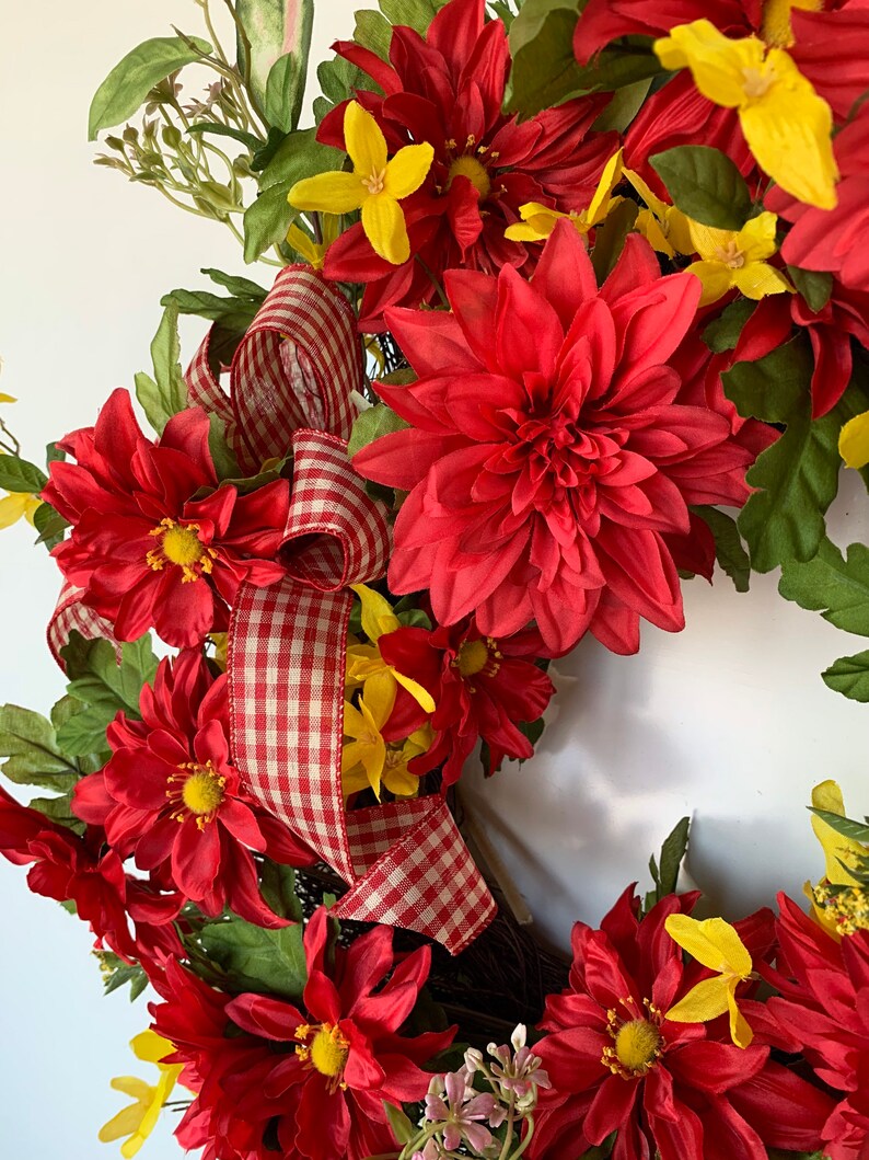 Red Daisies and Yellow Forsythia Wreath Etsy