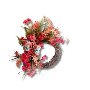 Pink flowers and green ferns on grapevine wreath would look great in your home decor, front door or girls bedroom decor. Gift for her.