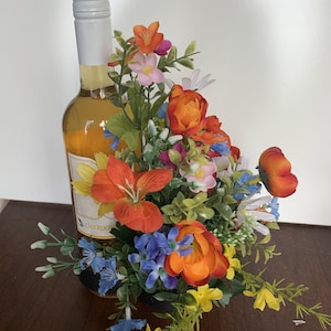 Bottle Bouquet for wine bottles for hostess gifts, wedding centerpiece, or birthday gift for her, or added to a 3&quot; round flameless candle.