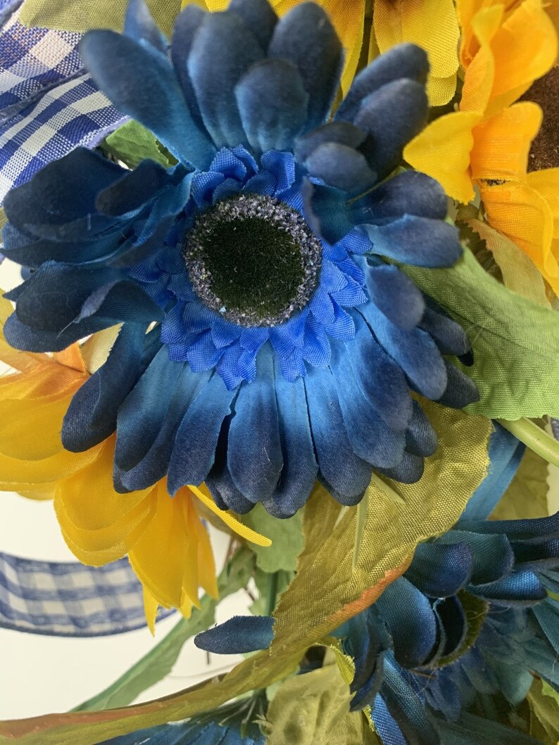 Sunflower & Navy Blue Flowers Country Wreath for Your Front Door, Porch