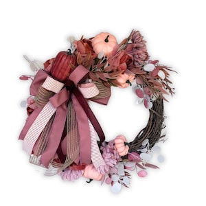 Pink pumpkin wreath with peonies and mums for your home decor, front door or over your mantel.  Fall pumpkin wreath, autumn door decor