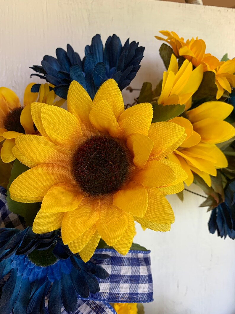 Sunflower & Navy Blue Flowers Country Wreath for Your Front Door, Porch