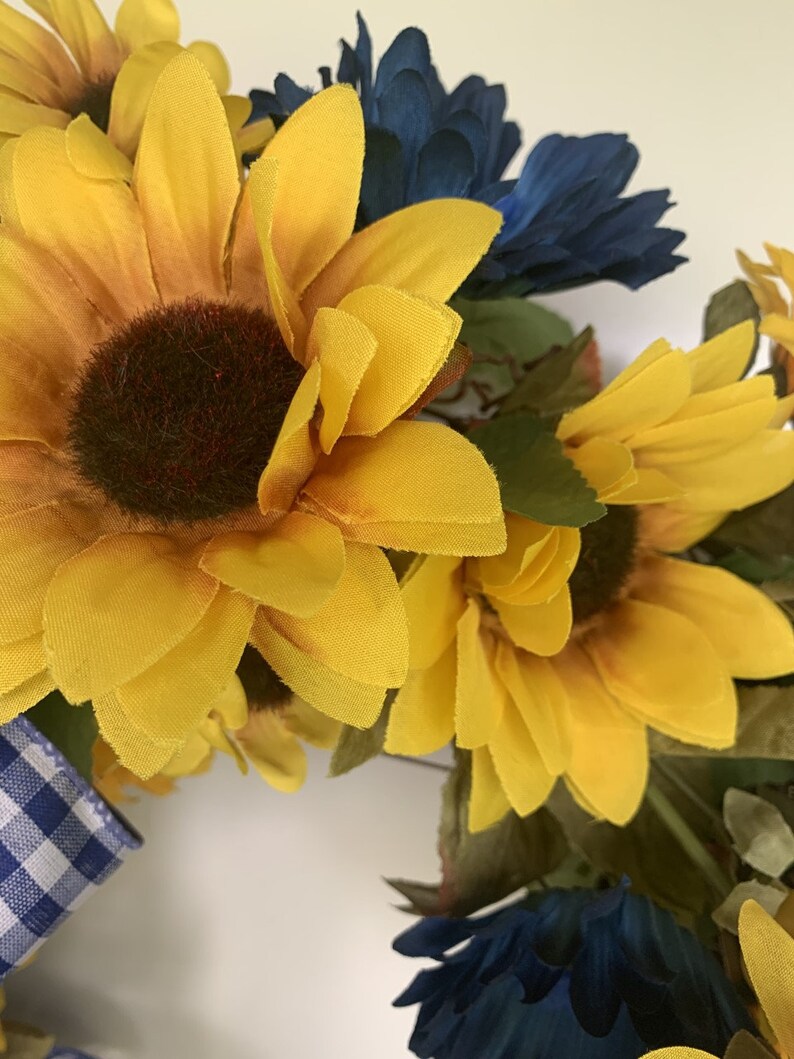 Sunflower & Navy Blue Flowers Country Wreath for Your Front Door, Porch