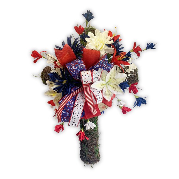 Patriotic Cross, Patriotic Military Decor, Memorial  Cross for Veteran, Independence Day Decor, Summer Door Wreath, 4th of July Floral Decor