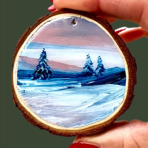 Hand-Painted Wood Slice Ornament: Winter Cabin Snow Scene. Christmas tree bauble decoration