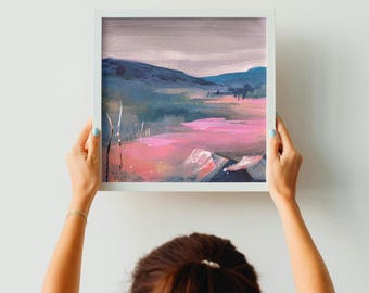 Giclée Kunstdruck, abstrakte Landschaft Poster, quadratische Wandkunst, norwegische Berge, skandinavische Hütte, atmosphärischer rosa Sonnenuntergang Sonnenaufgang